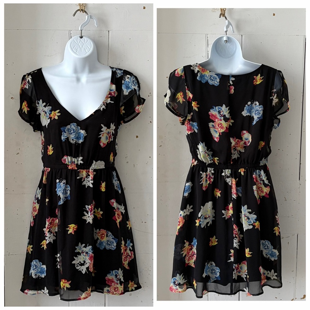 Express Black Floral Photographic Print Sheer Mini Dress